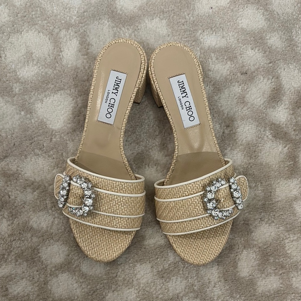Brand New Jimmy Choo Tan Mules with Crystal Embellishment